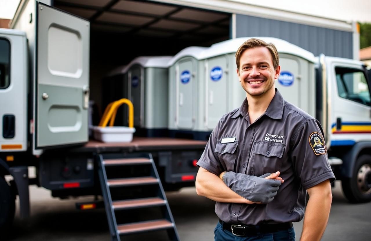 Freedom Portable Toilet service technician with delivery truck